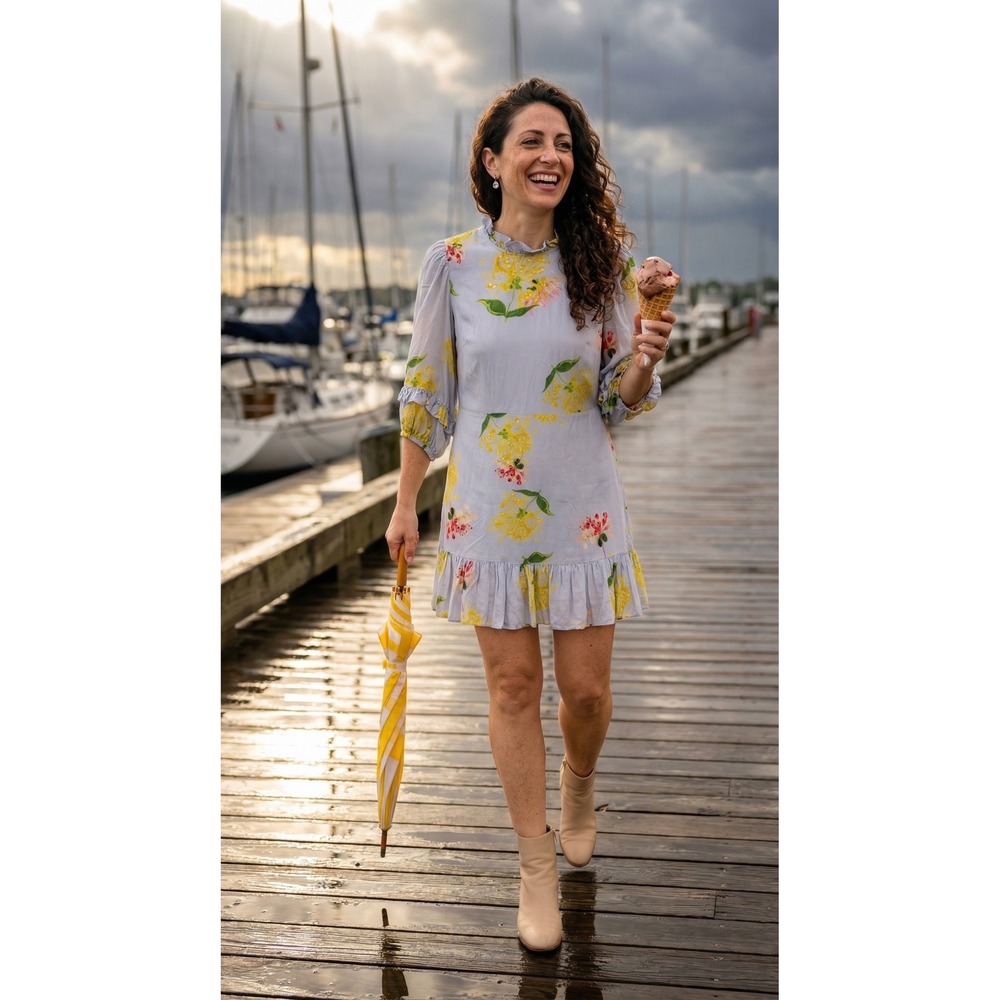 Cynthia Rowley Blue Floral Size 6 Ruffle Neck Puff Sleeve Mini Dress